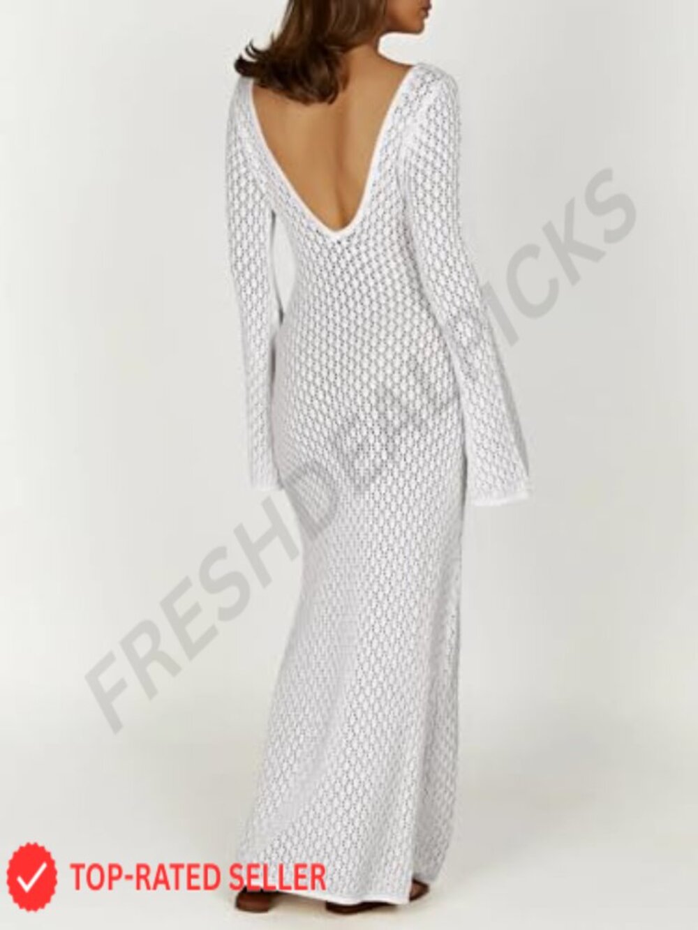 Sexy V-Neck Crochet Maxi Cover Up Dress Beach Vacation Long Sleeve Bodycon Knit - Picture 5 of 7